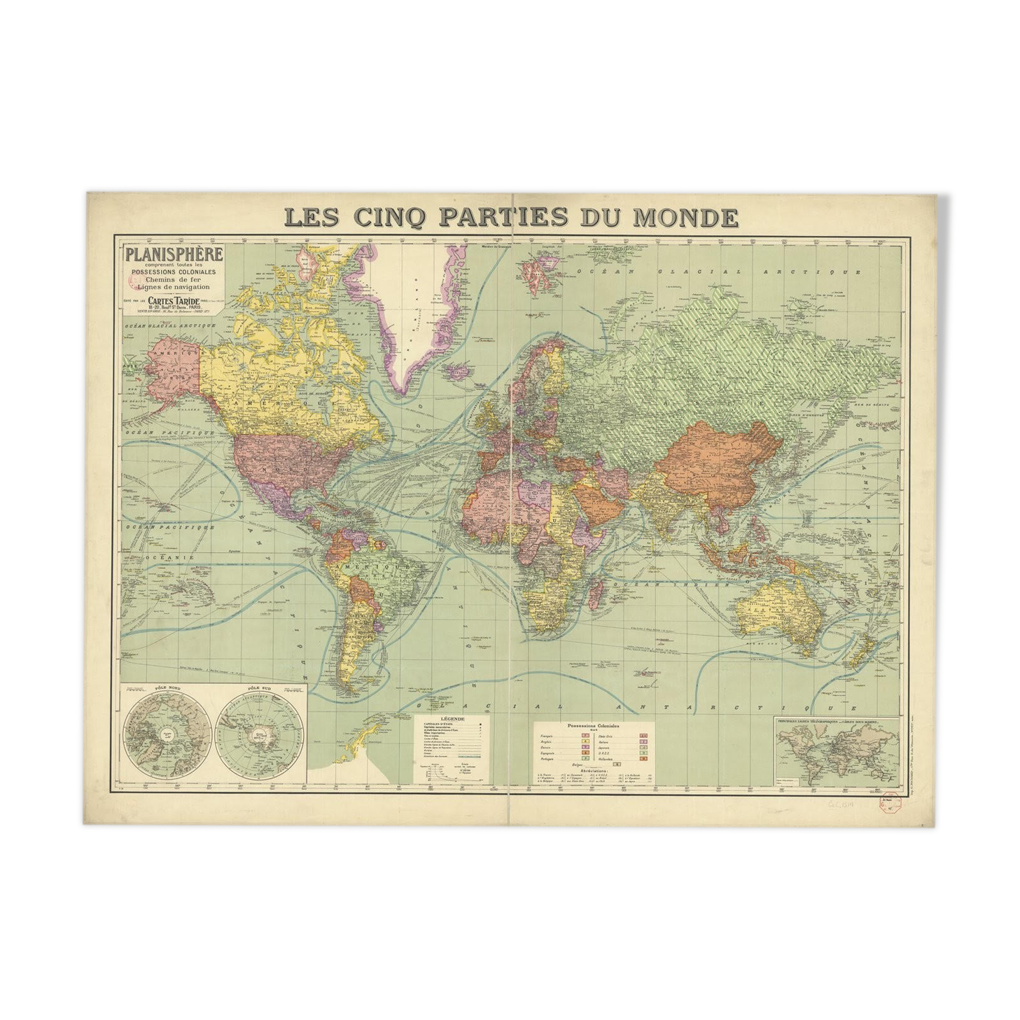 Carte politique Taride "les cinq parties du monde" Selency