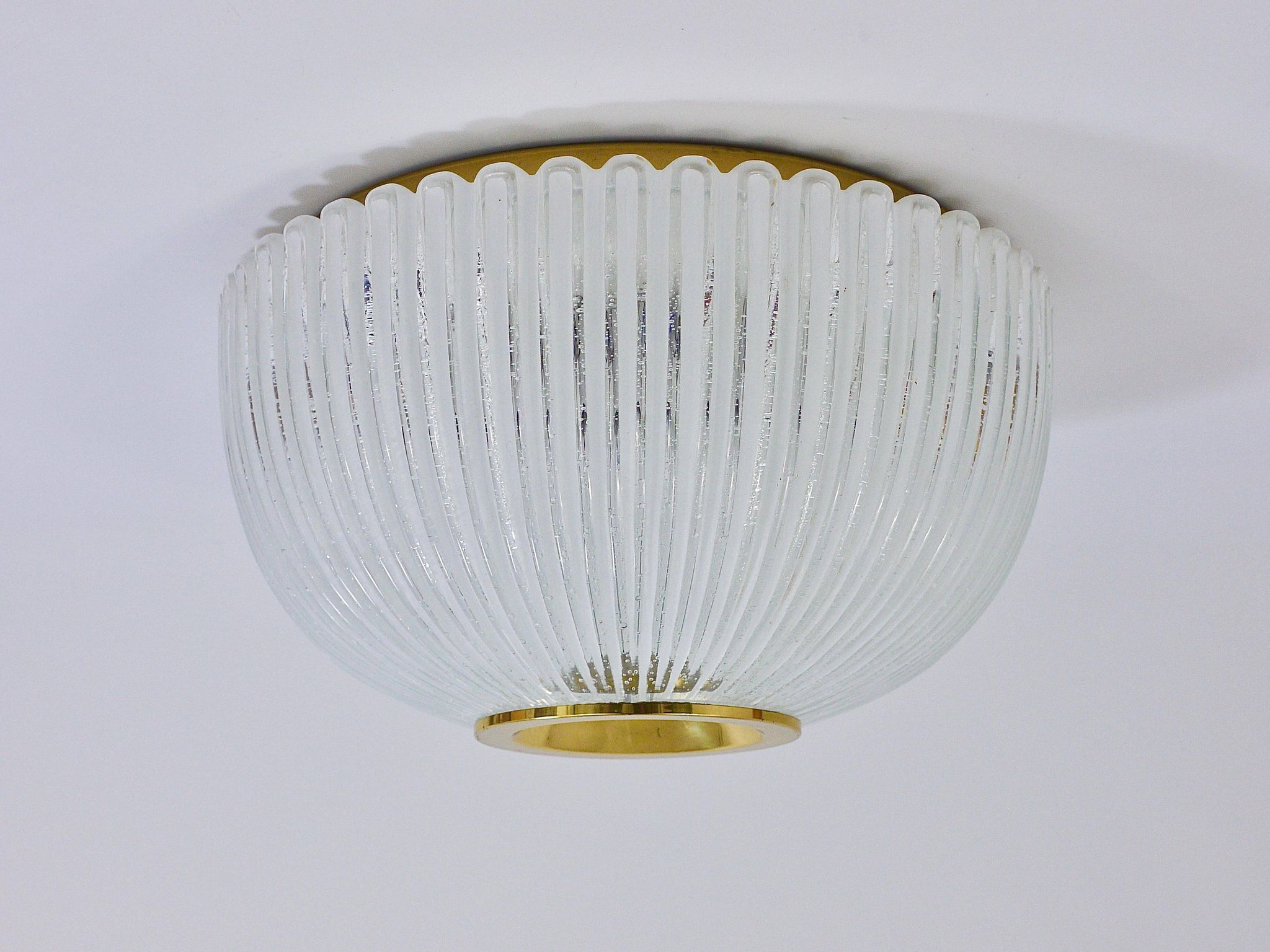 Large striped glass ceiling lamp in brass, Limburg, Germany, 1970s.