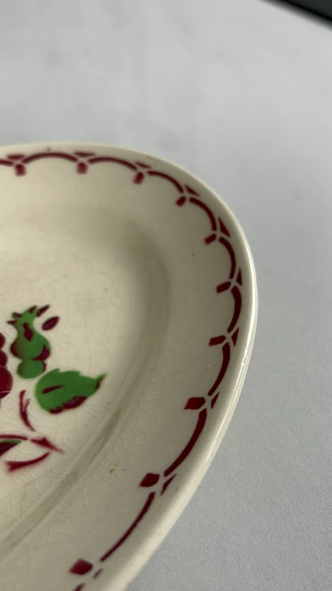 Oval Ravier Badonviller in vintage earthenware, vintage pink red dish.