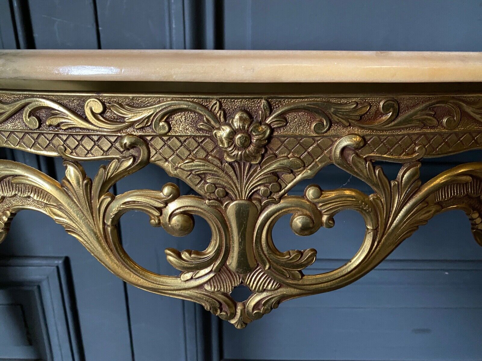 Gilded bronze console Louis XV style and its Mirror Mid-twentieth Marble