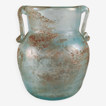 Flacon / vase Scavo irisé bleu vintage de style romain avec poignées appliquées