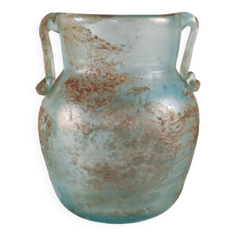 Vintage Roman-Style Blue Iridescent Scavo Flask / Vase with Applied Handles