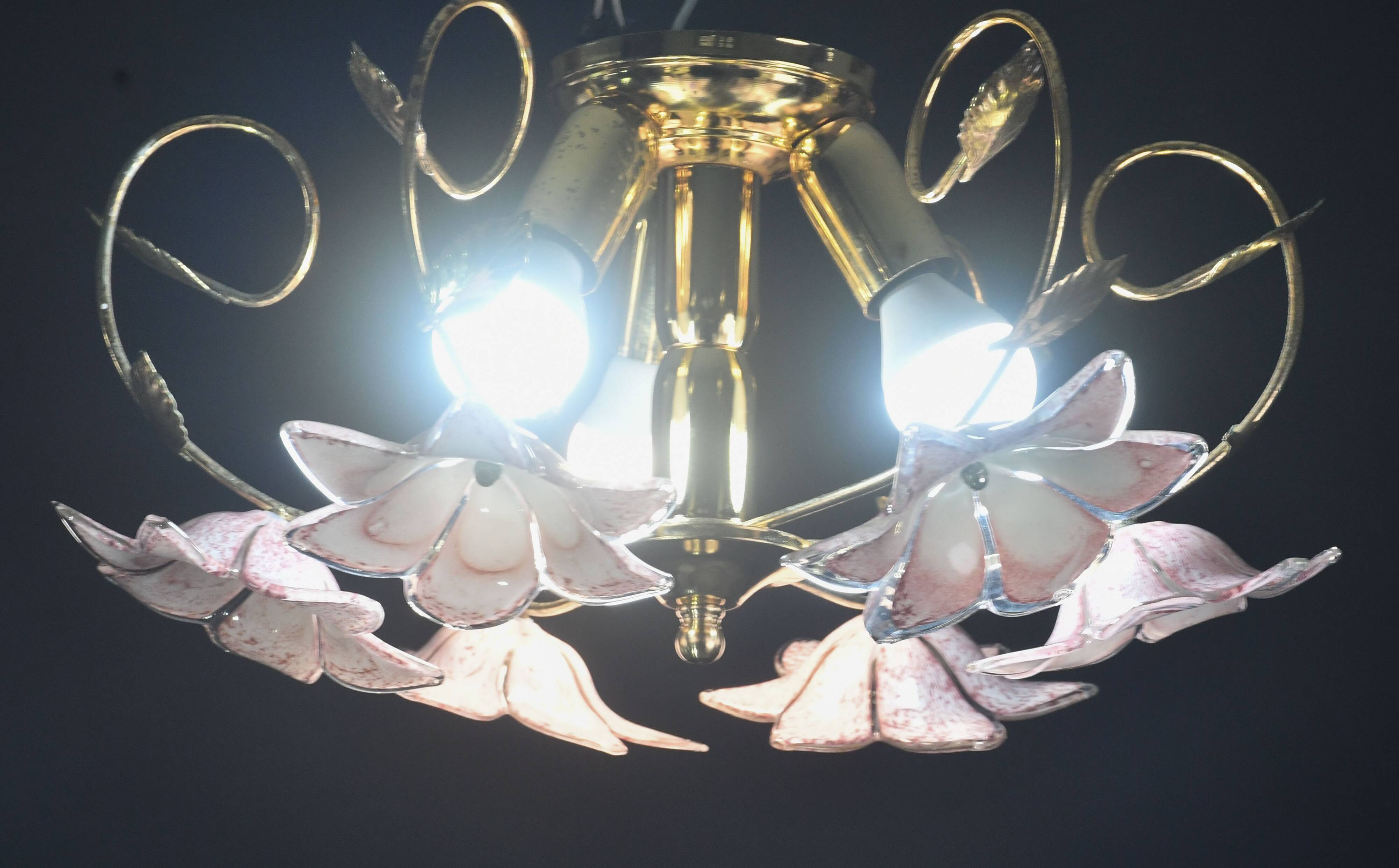 Set of 3 Charming Murano Vintage Ceiling Light Pink Flowers, 1970s