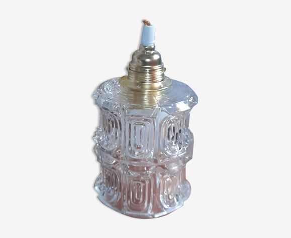 Lampe baladeuse en verre moulé à relief, vintage, long cordon tressé couleur or - vintage
