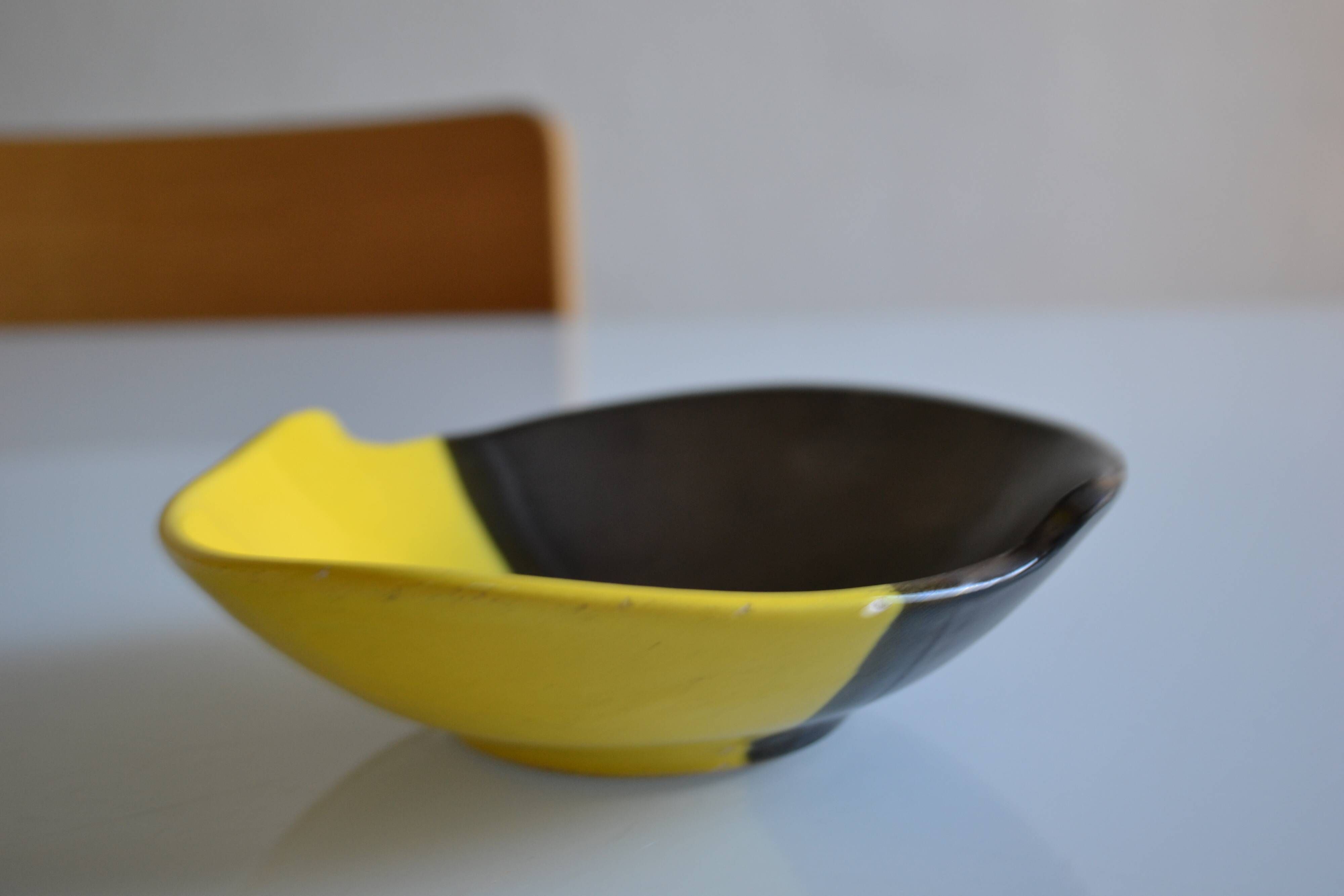 Bicolour ceramic cup in black and yellow signed Luc Vallauris 1950