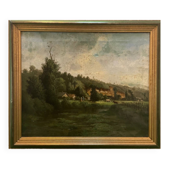 Tableau ancien paysage animé XIXe