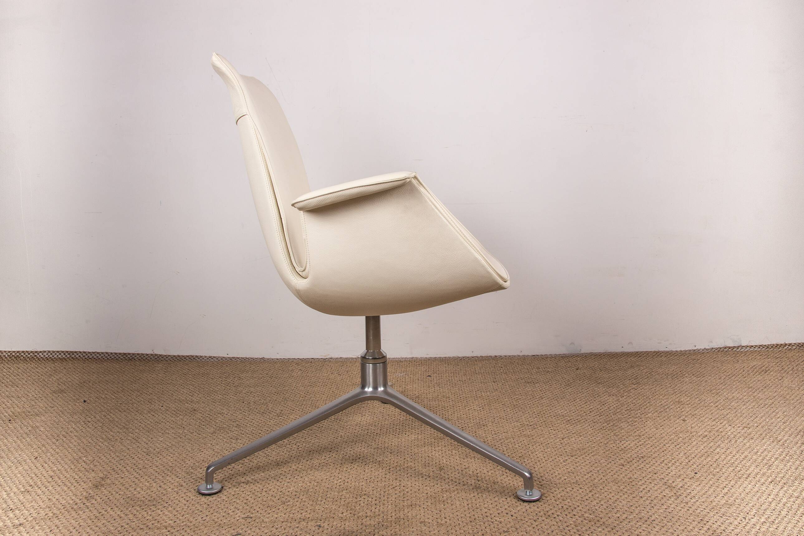 Danish armchair, white leather + chrome steel, model fk 6725 or “tulip chair”, preben fabricius/knoll