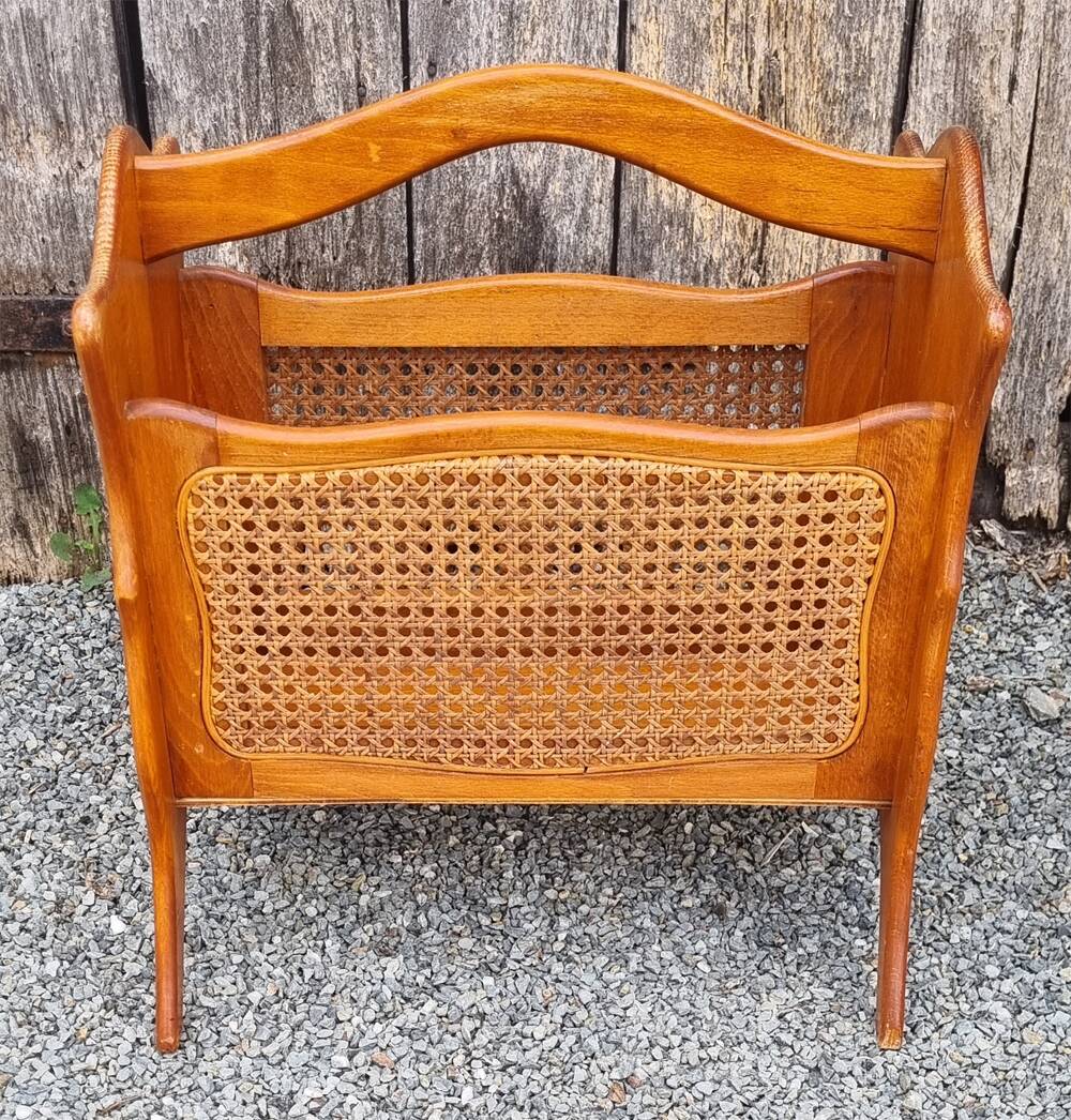 Magazine rack, wood and canework, vintage, 70s - 80s