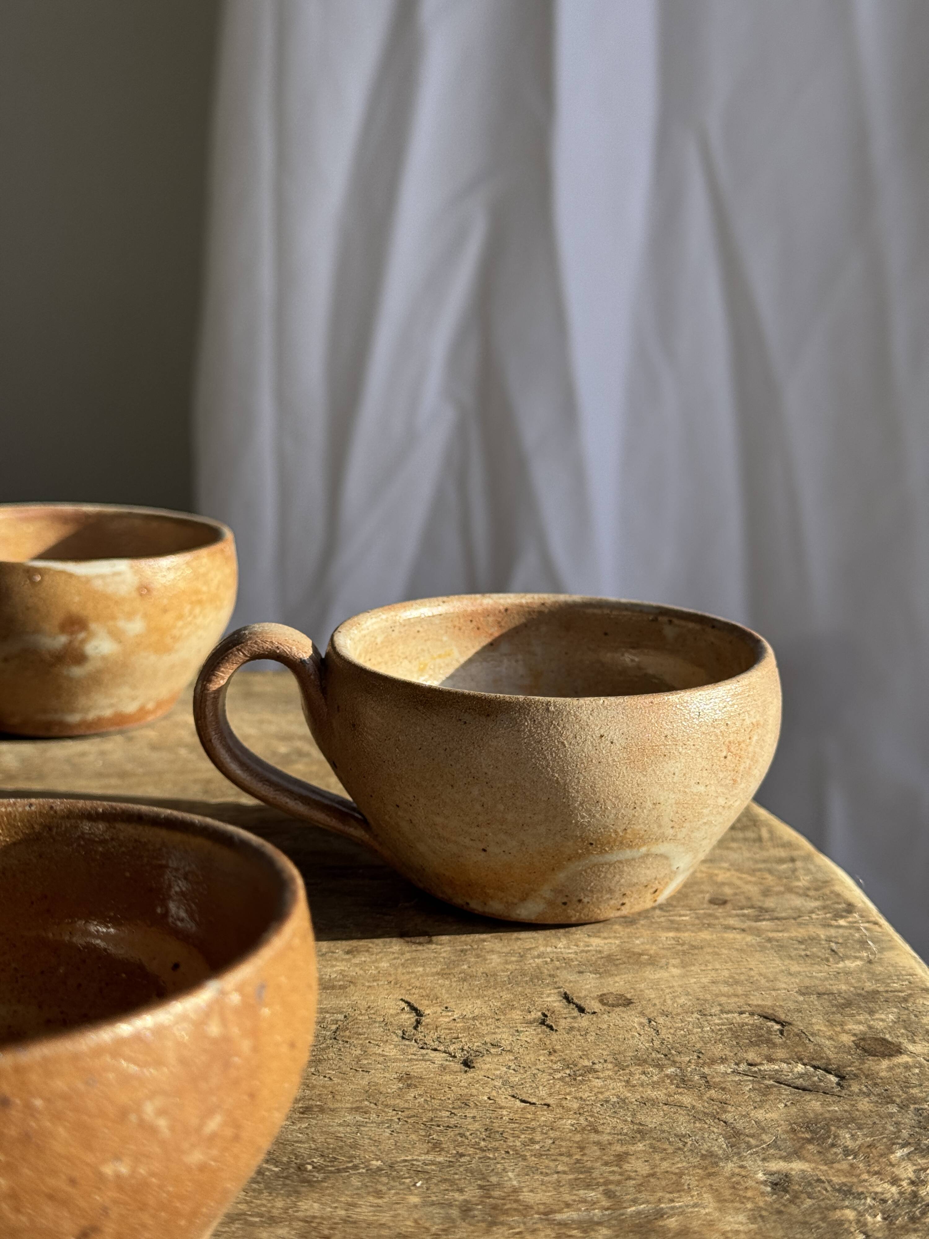 Set of 11 vintage coffee cups, raw matte stoneware H11