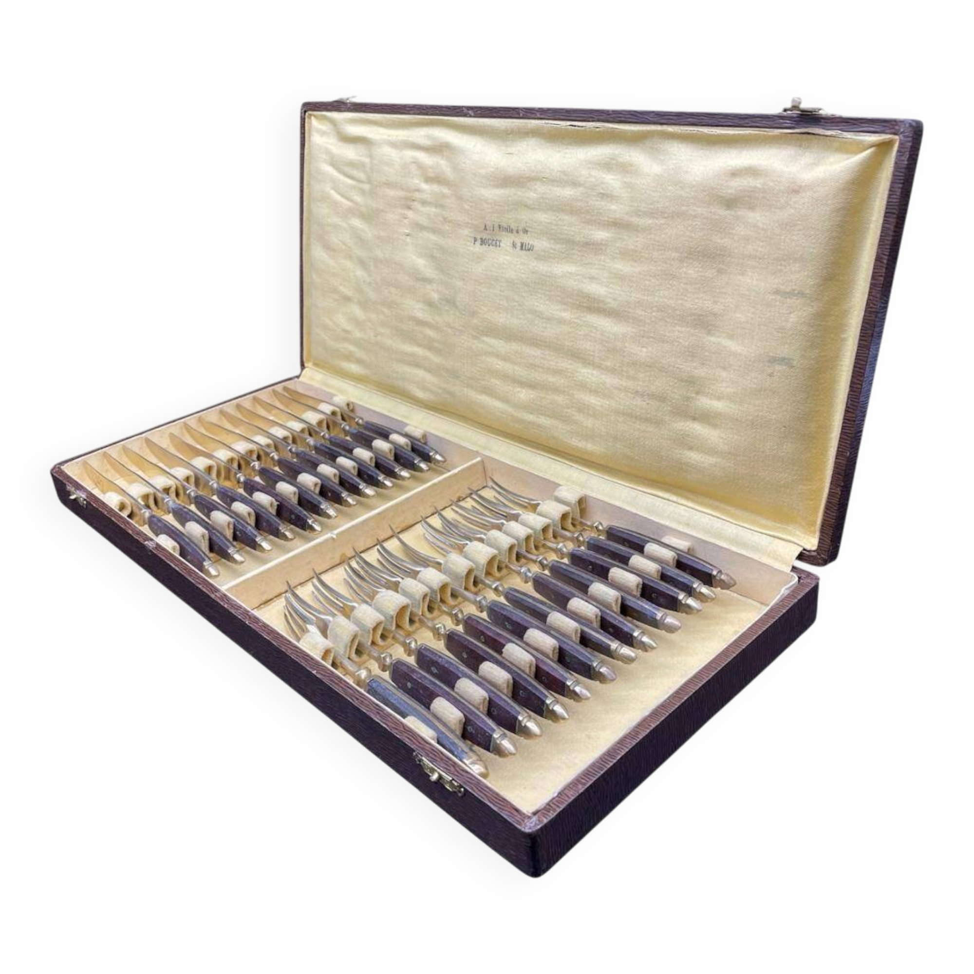 Antique dessert service 12 knives & 12 forks in brass and wood
