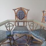 Table in rattan and hexagonal glass and 6 chairs