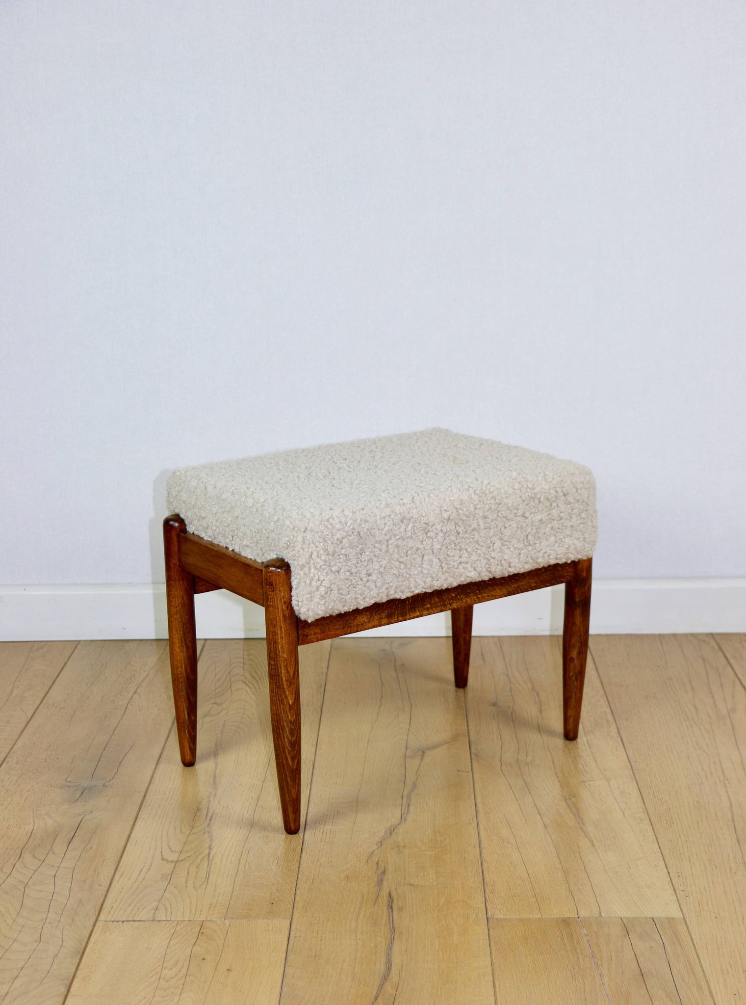 Edmund Homa stool, cream ivory beige boucle seat, long pile lamb
