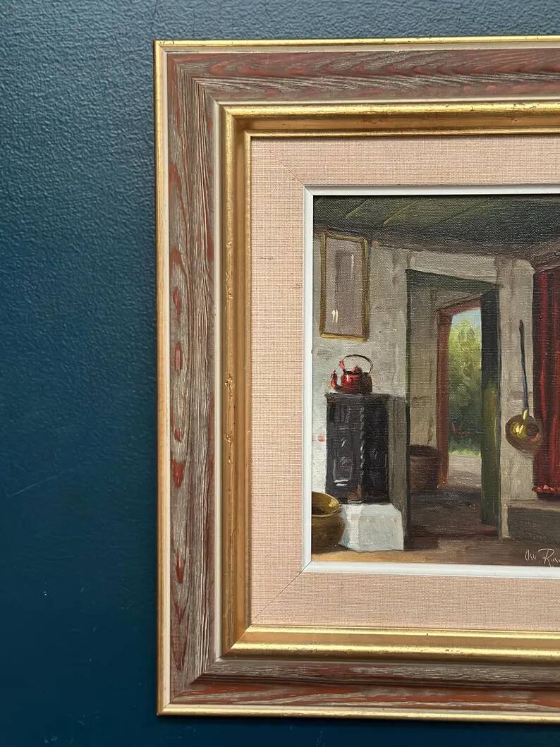 Original Swedish Oil on Canvas – 'Kitchen II' by Osvald Rasmussen – Signed – Vintage and Framed – 41 × 37 cm (16.1" × 14.6")