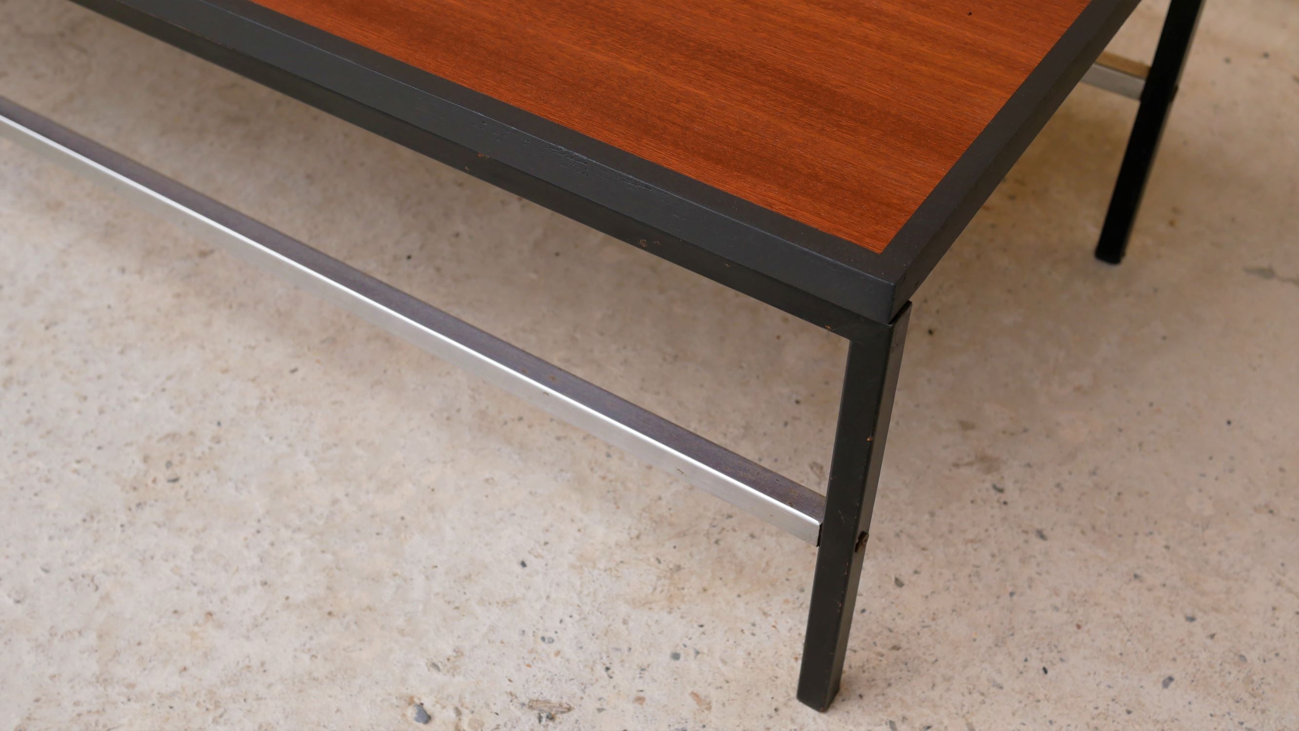 Modernist coffee table vintage wood, metal and glass