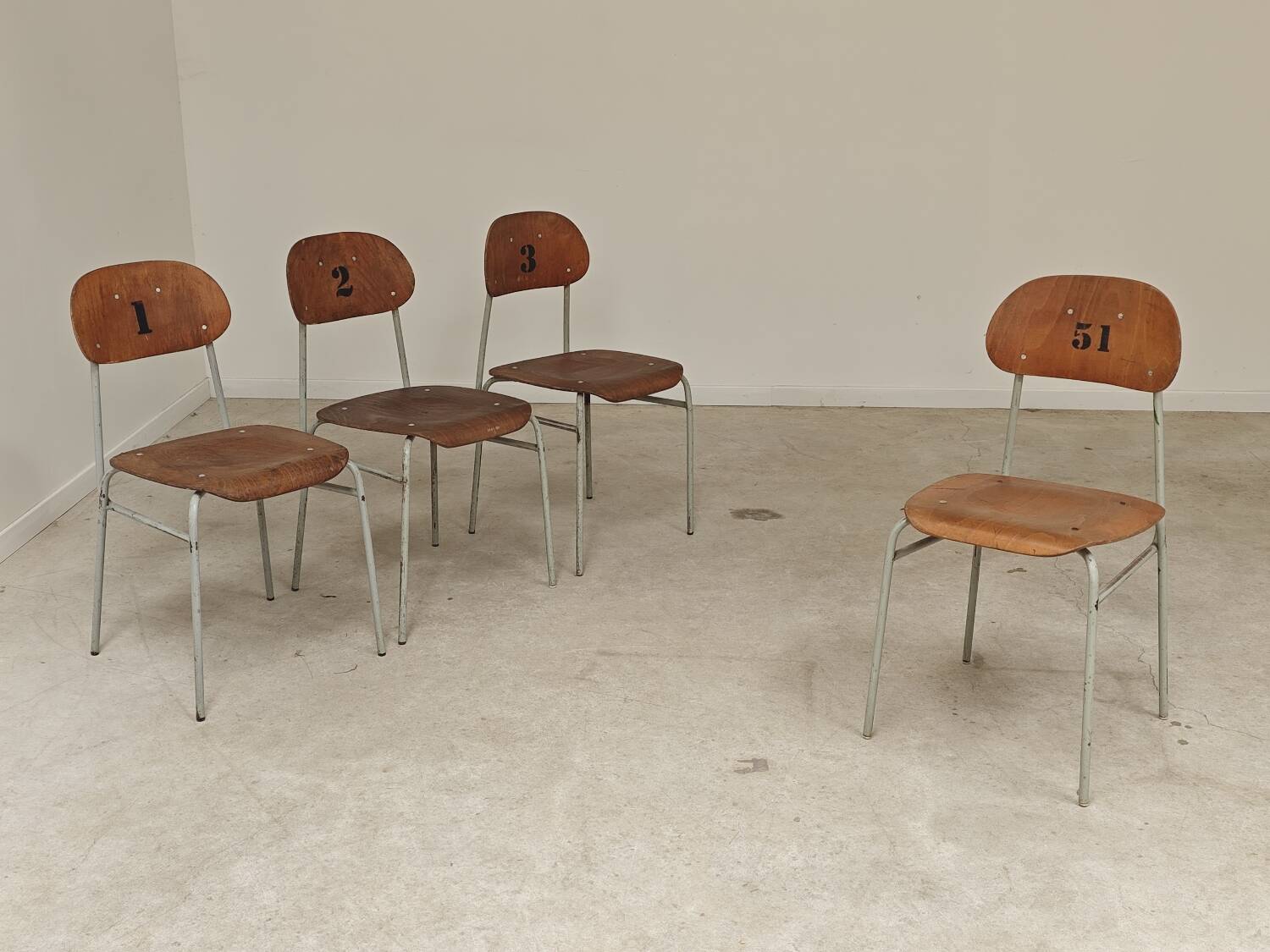 Set of 4 Czech school chairs in industrial style, 1960.