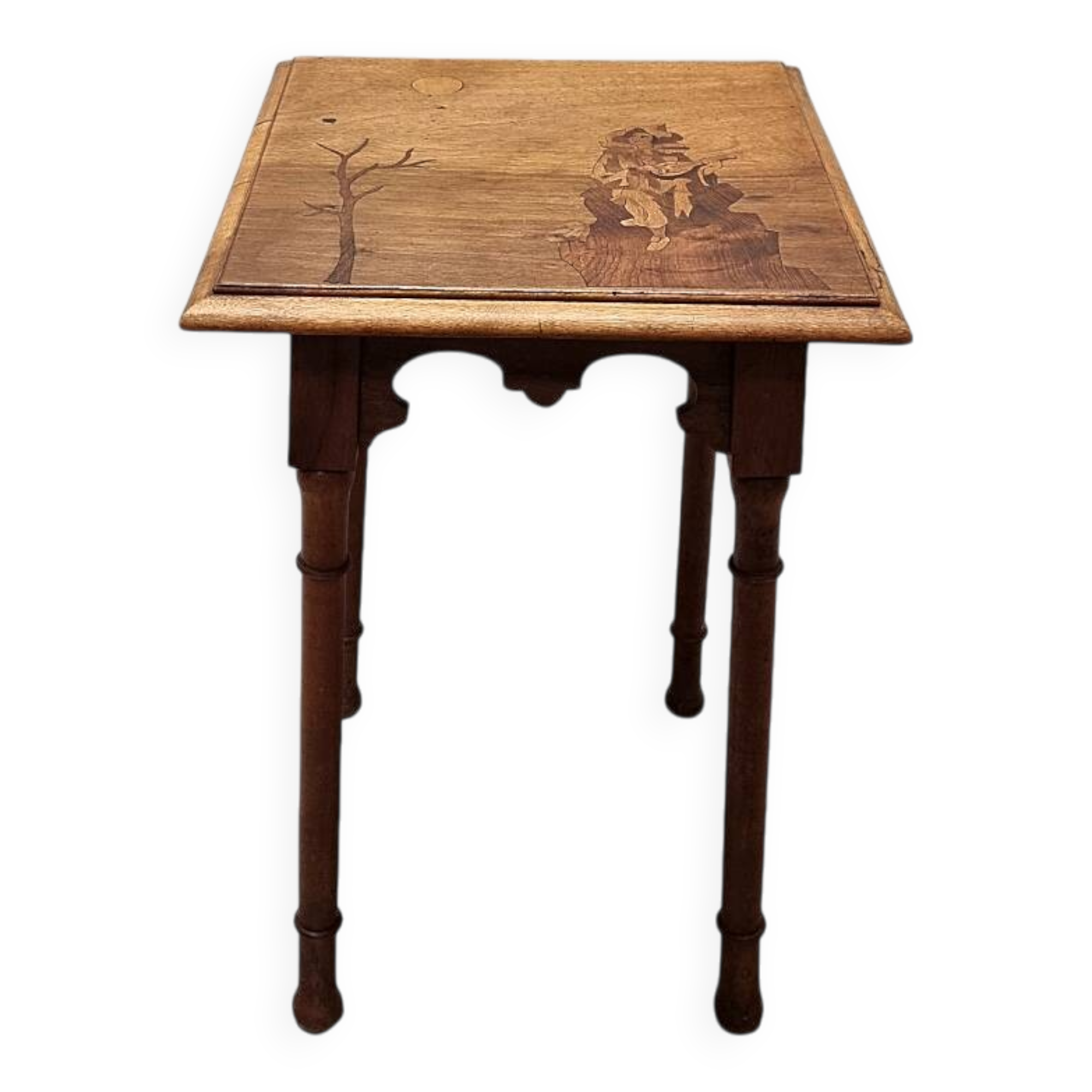 Table d'appoint française antique avec plateau marqueté, datant d'environ 1900.