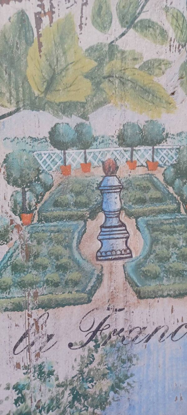 Ancien panneau decoratif en bois sculpte sur l'art des jardins en europe