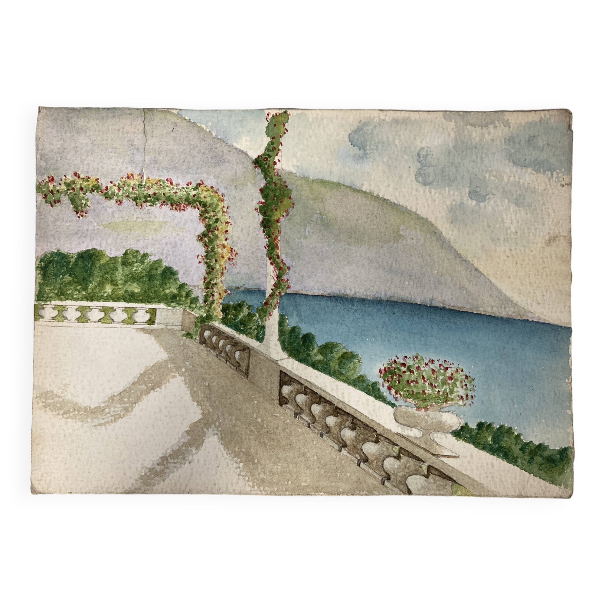 Watercolor seaside landscape recto/verso