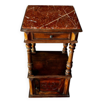 Table de chevet ancienne – bois massif & marbre rouge