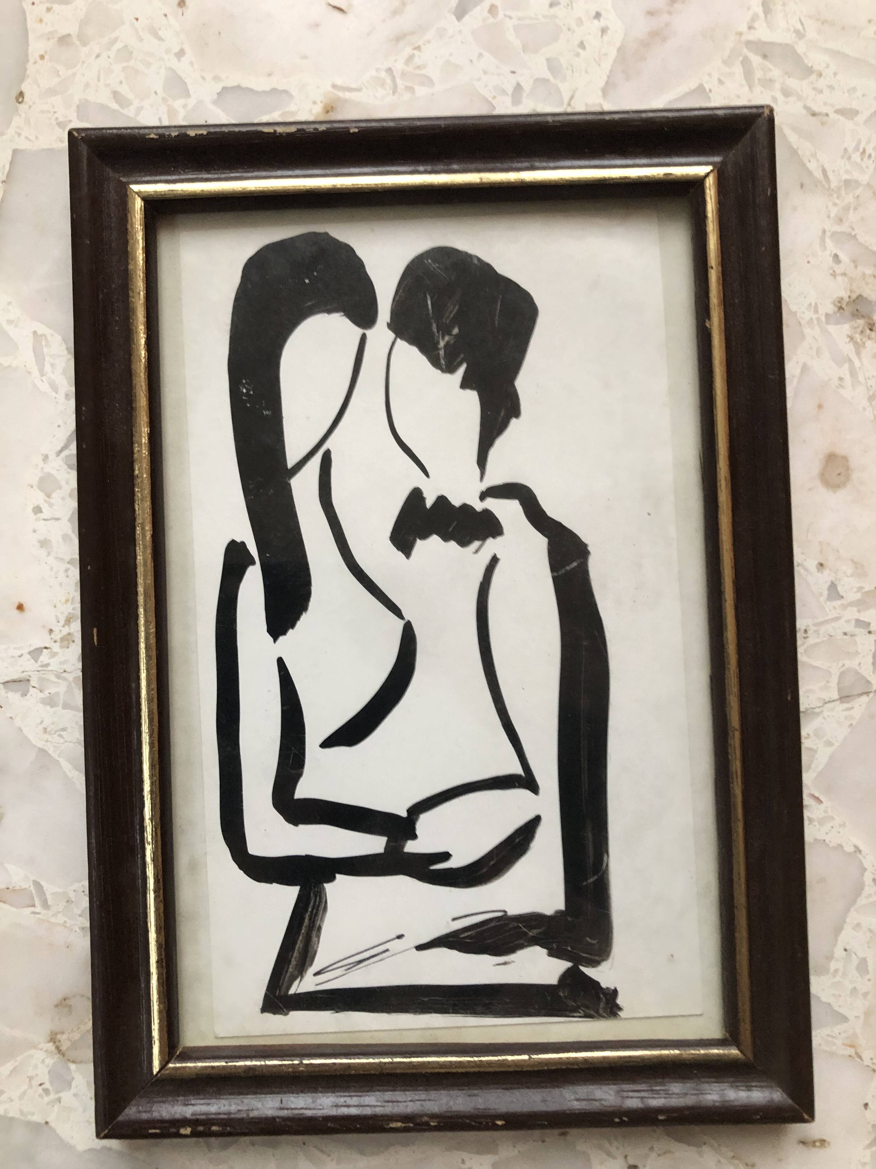 Black oil painting: loving couple embraced signed godeau 1989, figurative style, framed