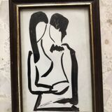 Black oil painting: loving couple embraced signed godeau 1989, figurative style, framed