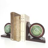 Pair of bookends vintage globe world map wood paper