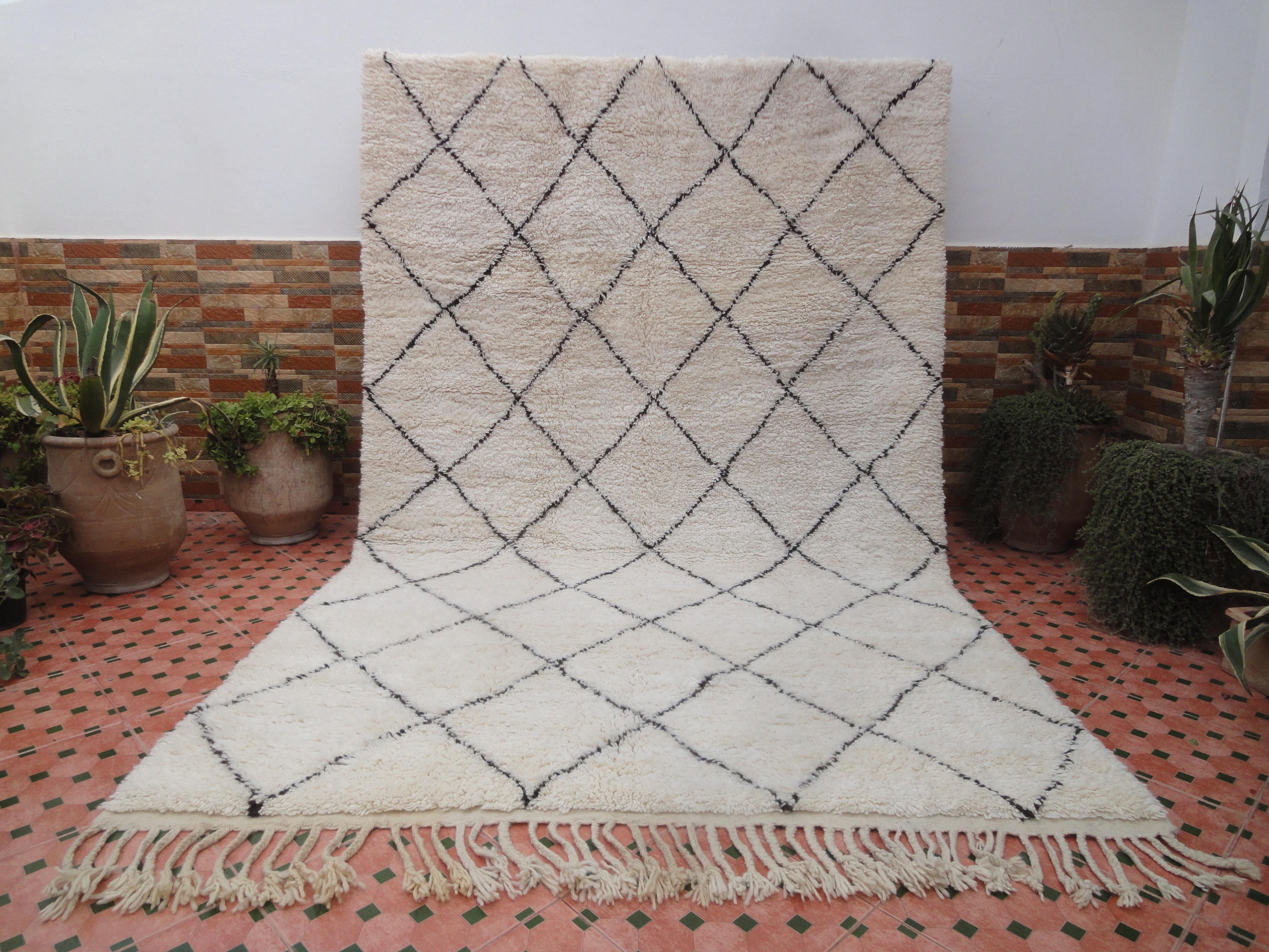 Moroccan beni ourain vintage berber carpet with dark brown diamond 313 x 200 cm