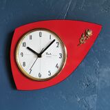 Vintage formica clock silent wall clock asymmetrical "Flash transistor red flower"