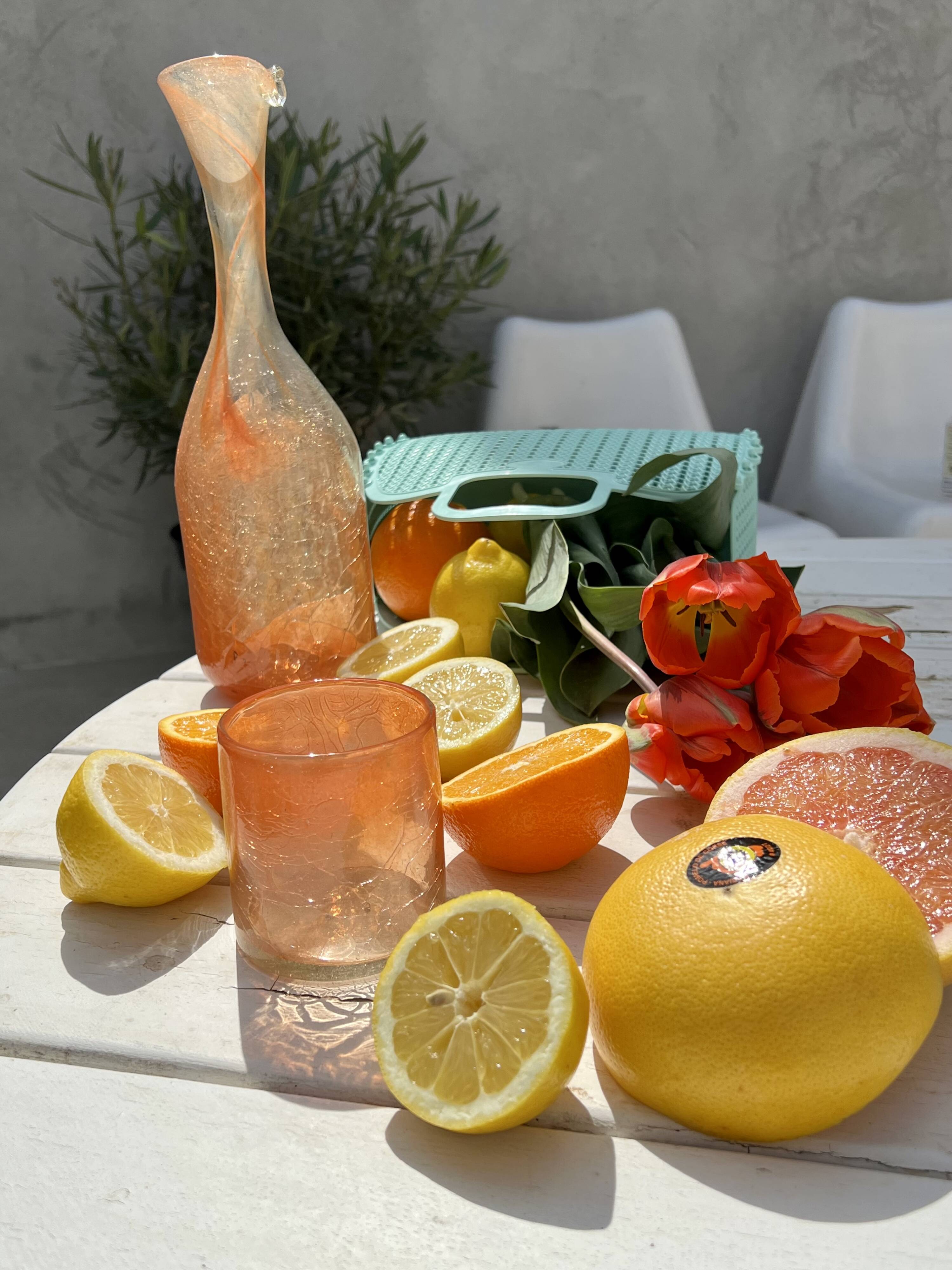 Cracked glass carafe and two glasses - Tunisian crafts