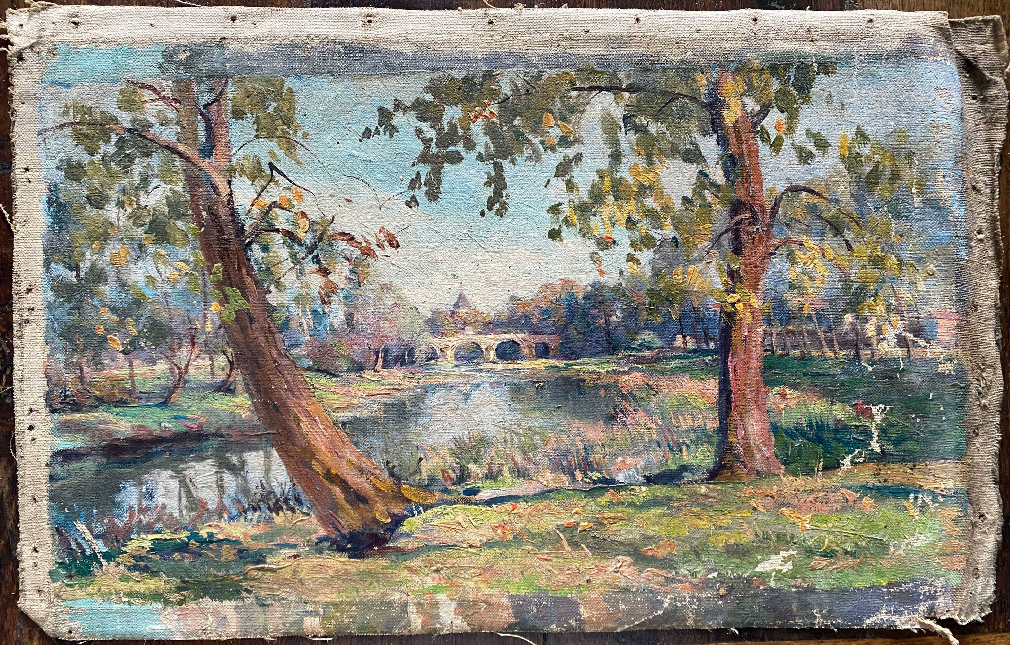 Hst painting "countryside landscape at the river" by pierre bonnerot (1891-1981)