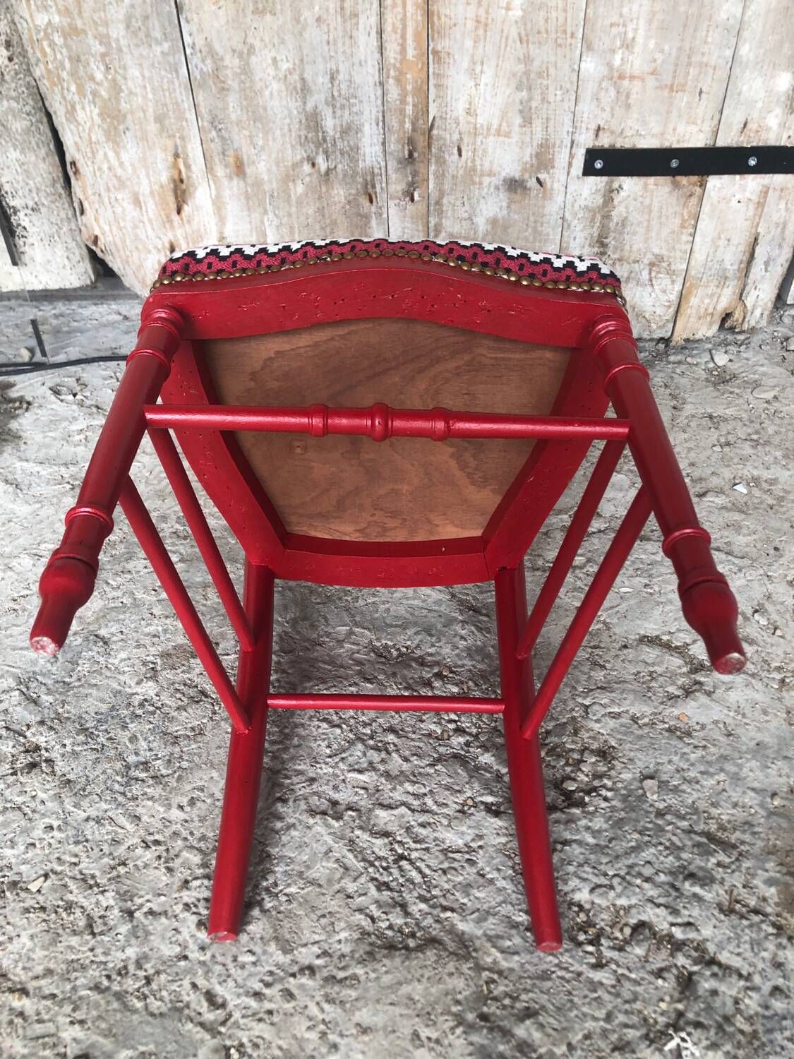 Red carved wood bedroom chair & vintage striped fabric seat