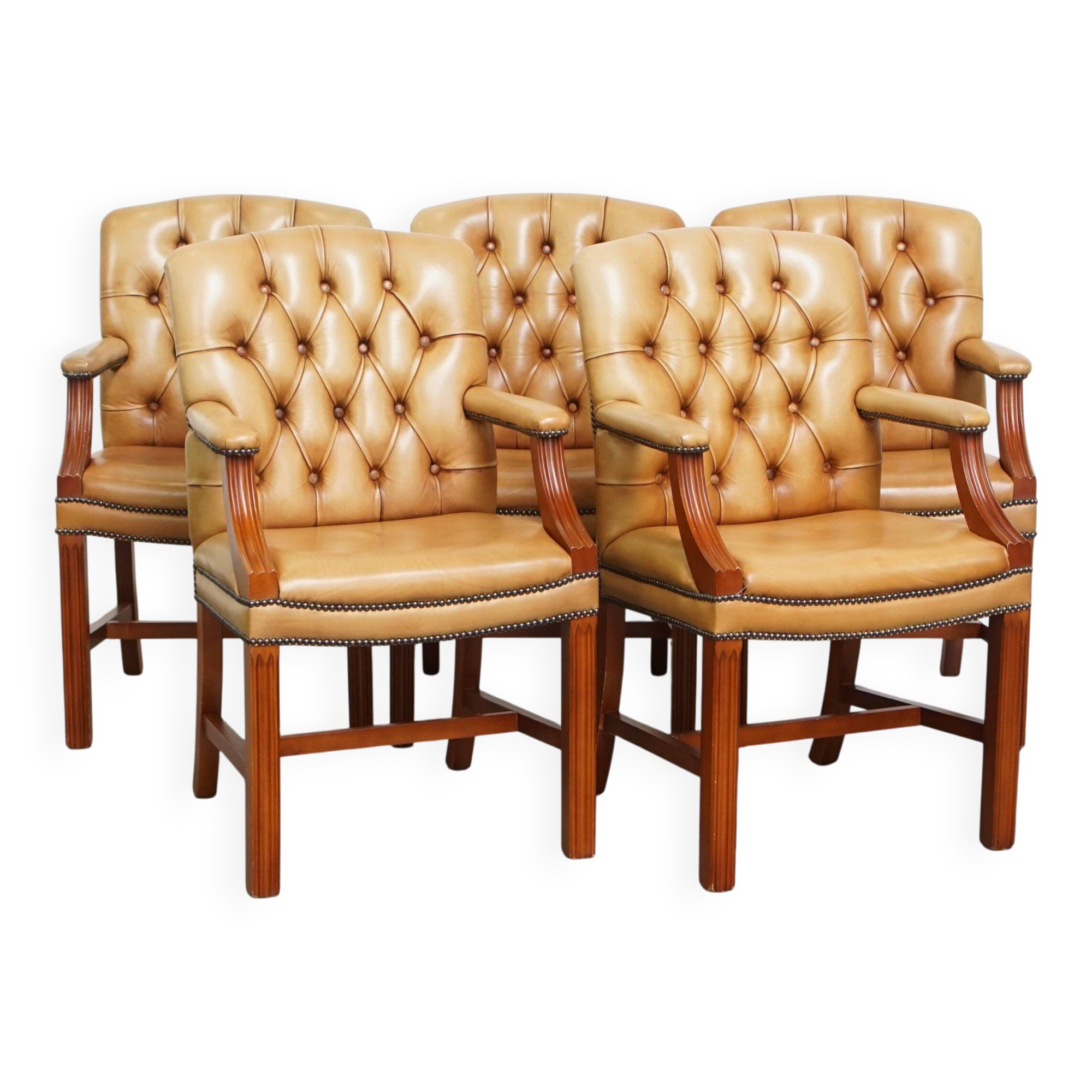 Set of 5 beautiful and luxurious cowhide Chesterfield dining/conference chairs in a light cognac colour
