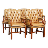 Set of 5 beautiful and luxurious cowhide Chesterfield dining/conference chairs in a light cognac colour