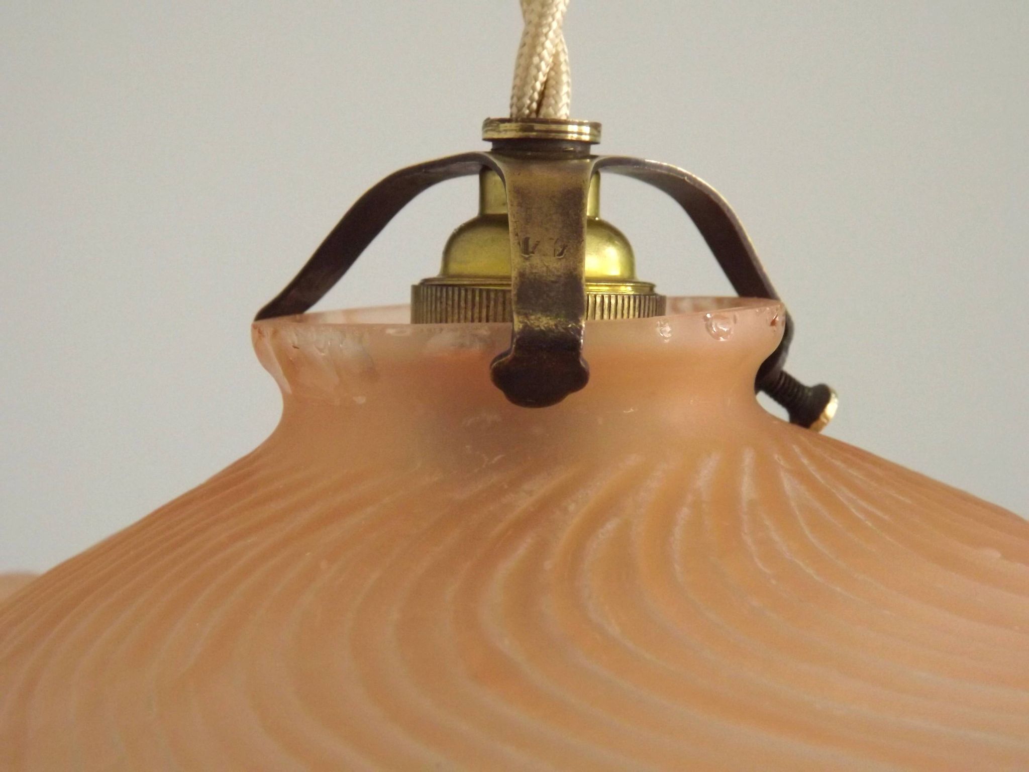 French Vintage 1930s Pink Frilled Glass Shade Hanging Light Brass Fittings