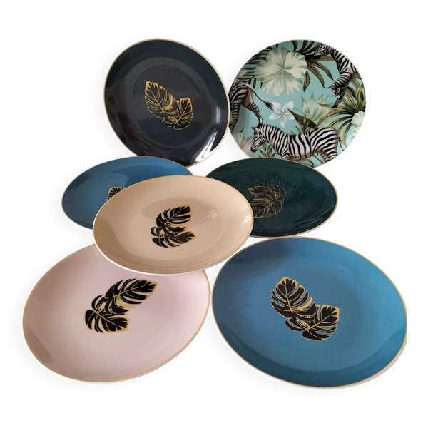 Lot de 7 assiettes en porcelaine, feuillage doré & jungle