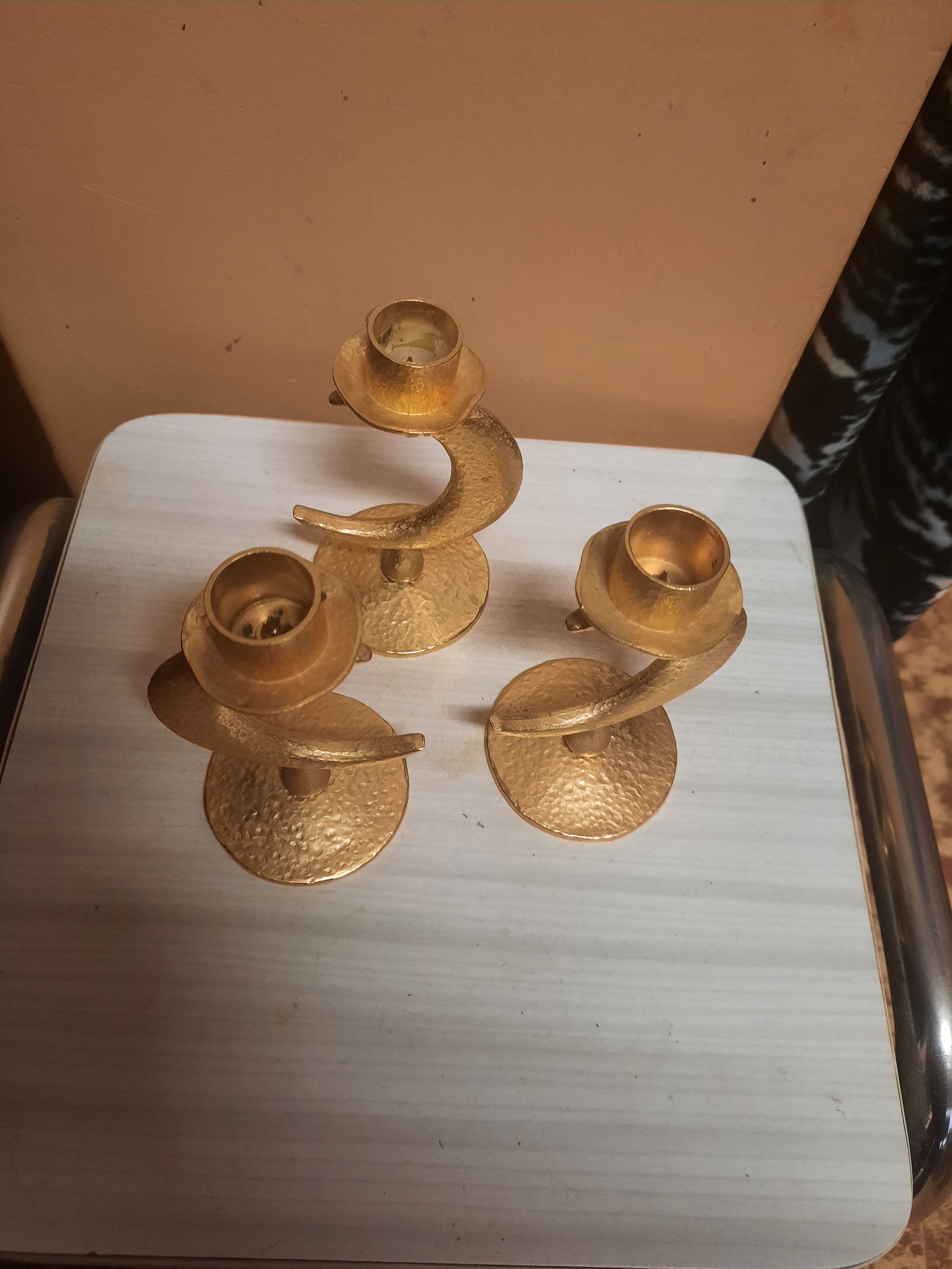 Set of 3 golden candlesticks created by Édouard Rambaud