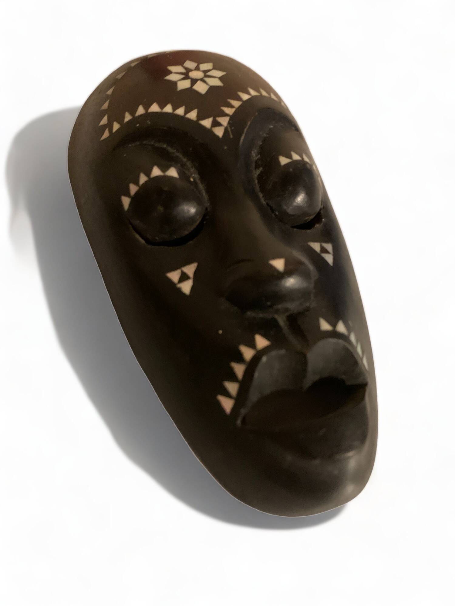 Africa mask in shell wood inlaid Ivory Coast Baoulé African art 1989 old vintage