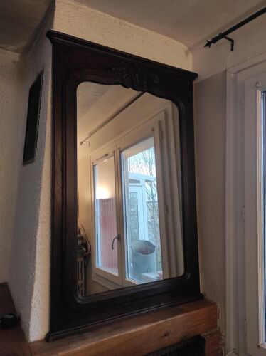 Ancien miroir ancien 128,5x85 cm de cheminée art déco 1900 en chêne sombre