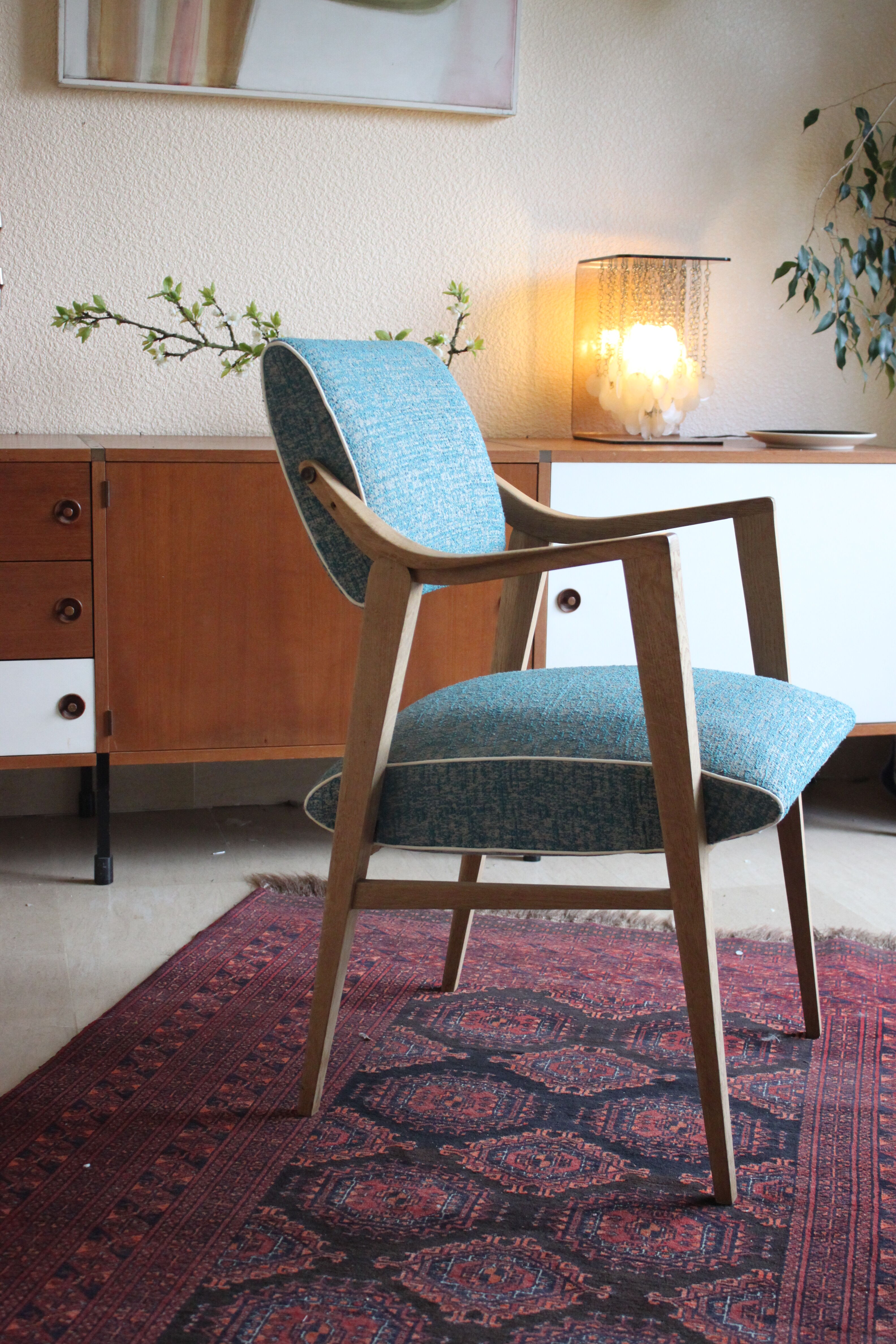 Rare vintage armchair freeform ergonomic compass 1960, Royer, blue