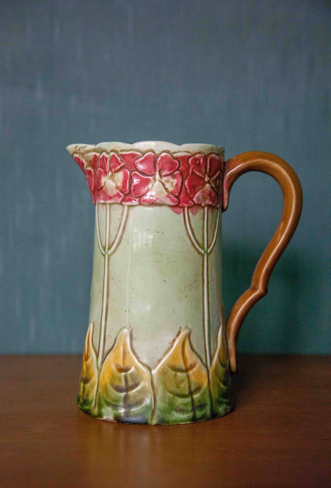 Vintage old earthenware pitcher, French pitcher, Art Nouveau, floral pattern pitcher, kitchen decor