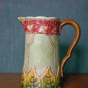 Vintage old earthenware pitcher, French pitcher, Art Nouveau, floral pattern pitcher, kitchen decor