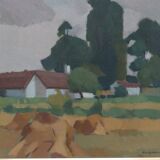 Mid Century Swedish Oil on Canvas – “Village” by Richard Björklund