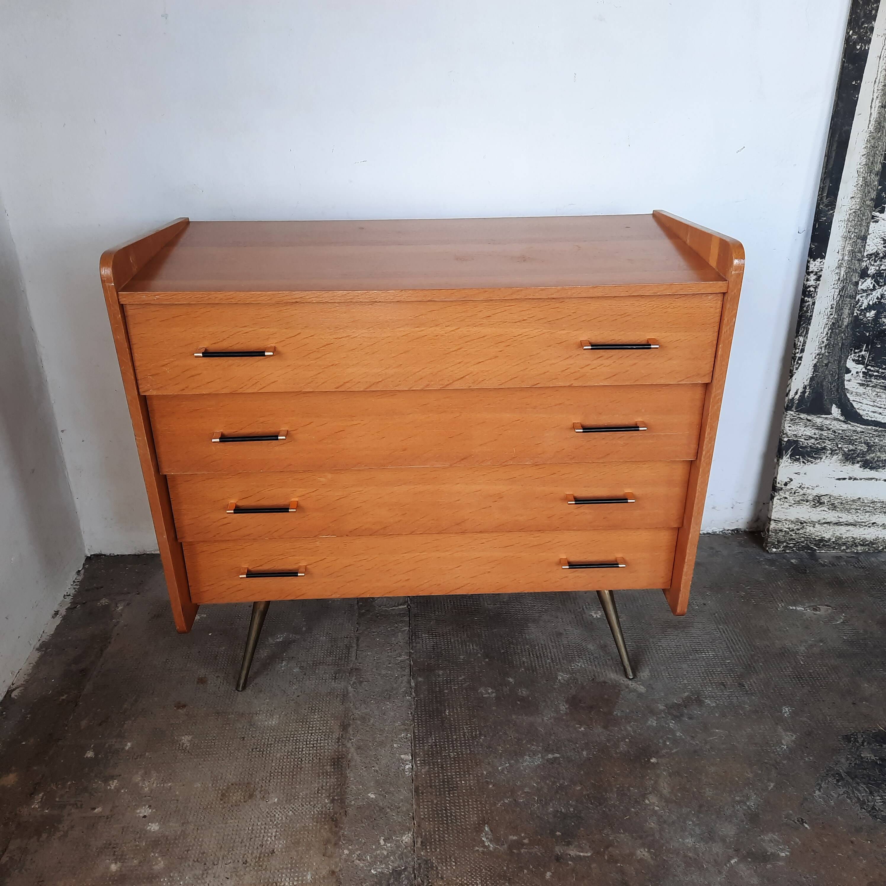 Vintage light oak chest of drawers, brass base