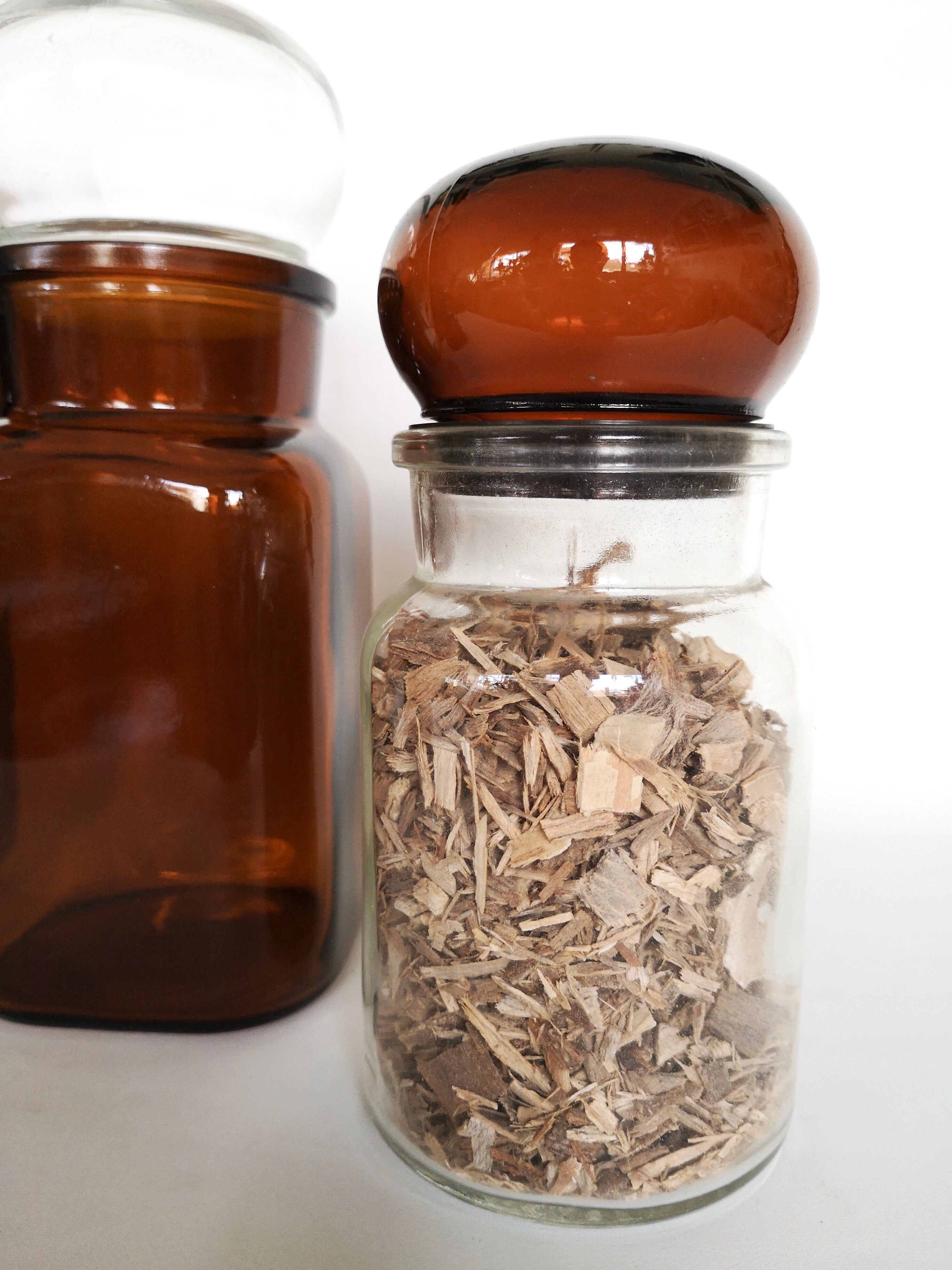 Set of 4 clear and brown glass jars