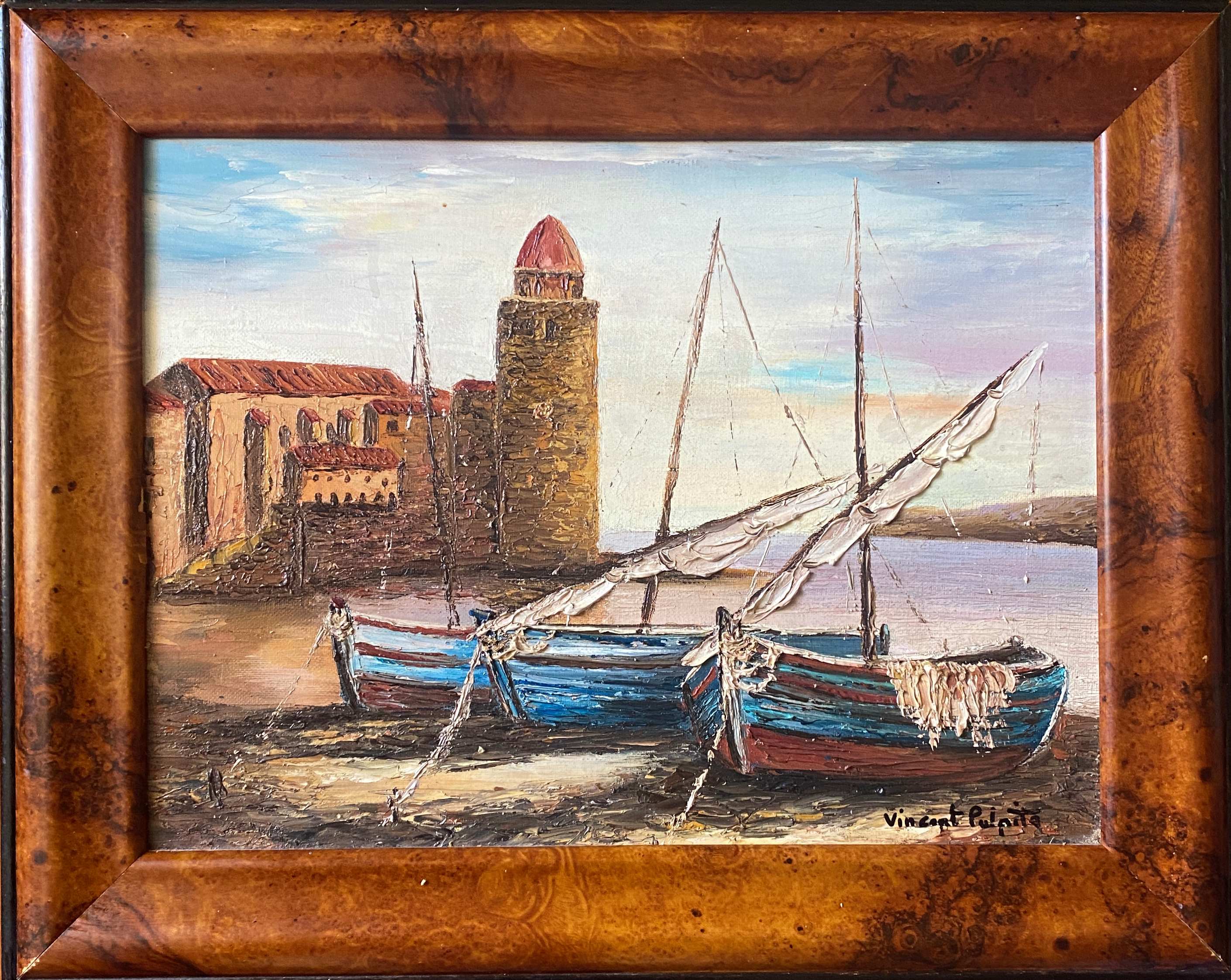 HST painting "Port de Collioure" by Vincent Pulpito + gallery stamp frame