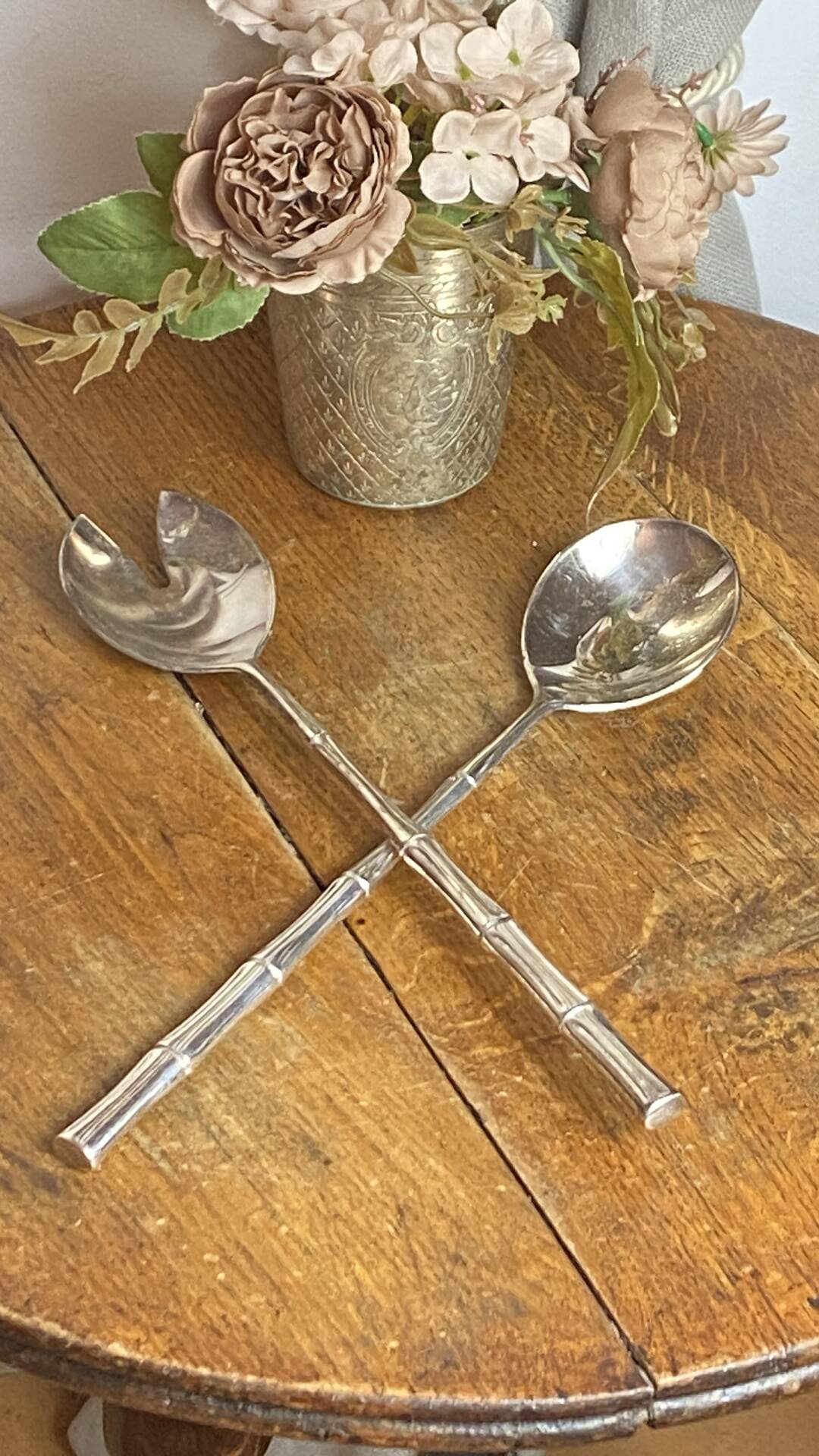 Bamboo-style serving cutlery in silver-plated metal