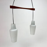 Danish Teak and White Glass Hanging Lamp, 1950s