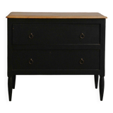 Commode noire à 2 tiroirs, plateau en bois brut et pied fuselés
