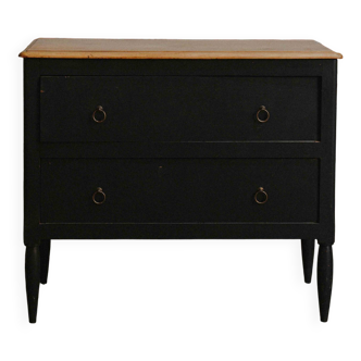Black chest of drawers with 2 drawers, raw wood top and tapered legs