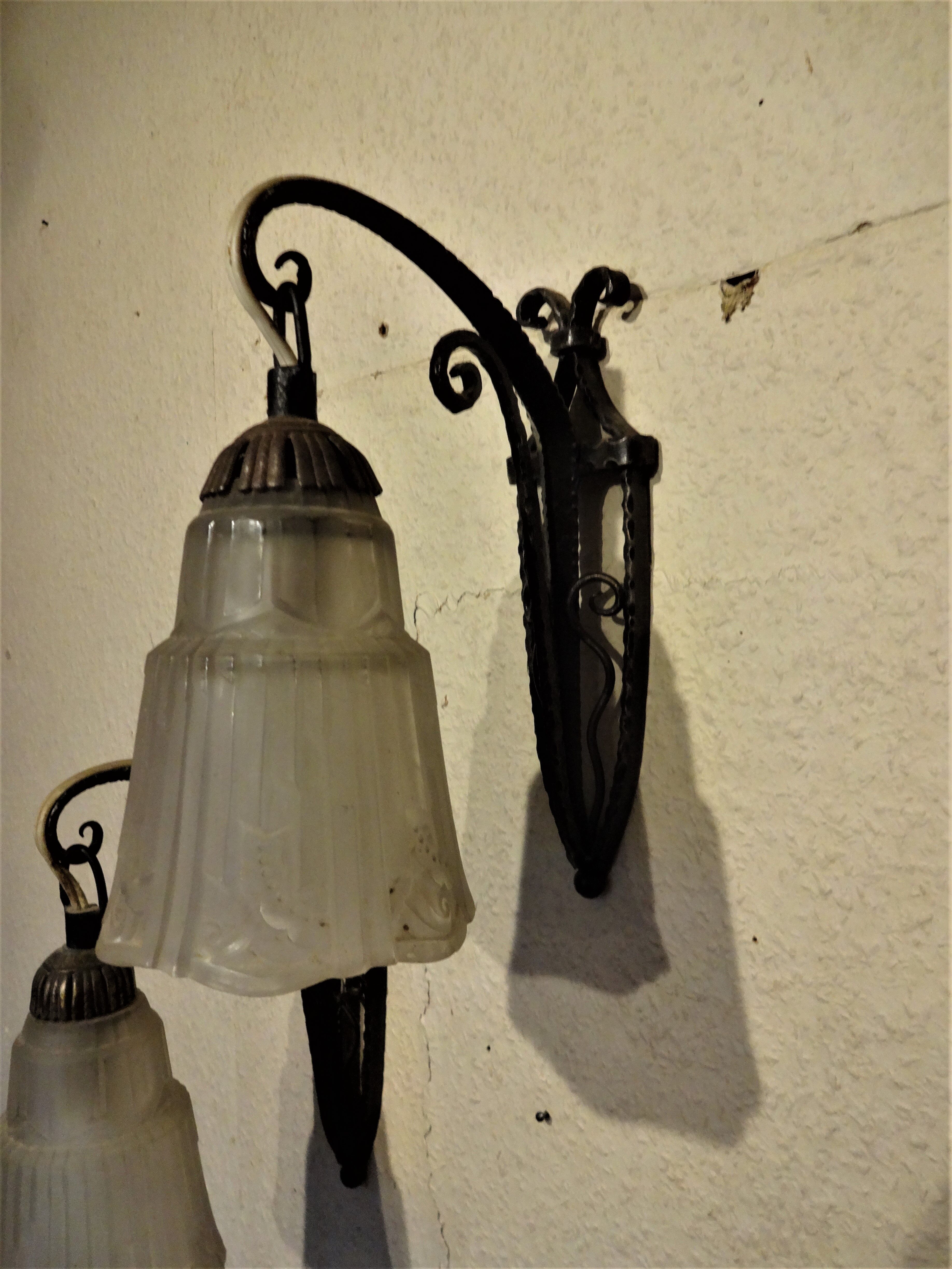 Pair of wall light era Art deco wrought iron & glass Maynadier